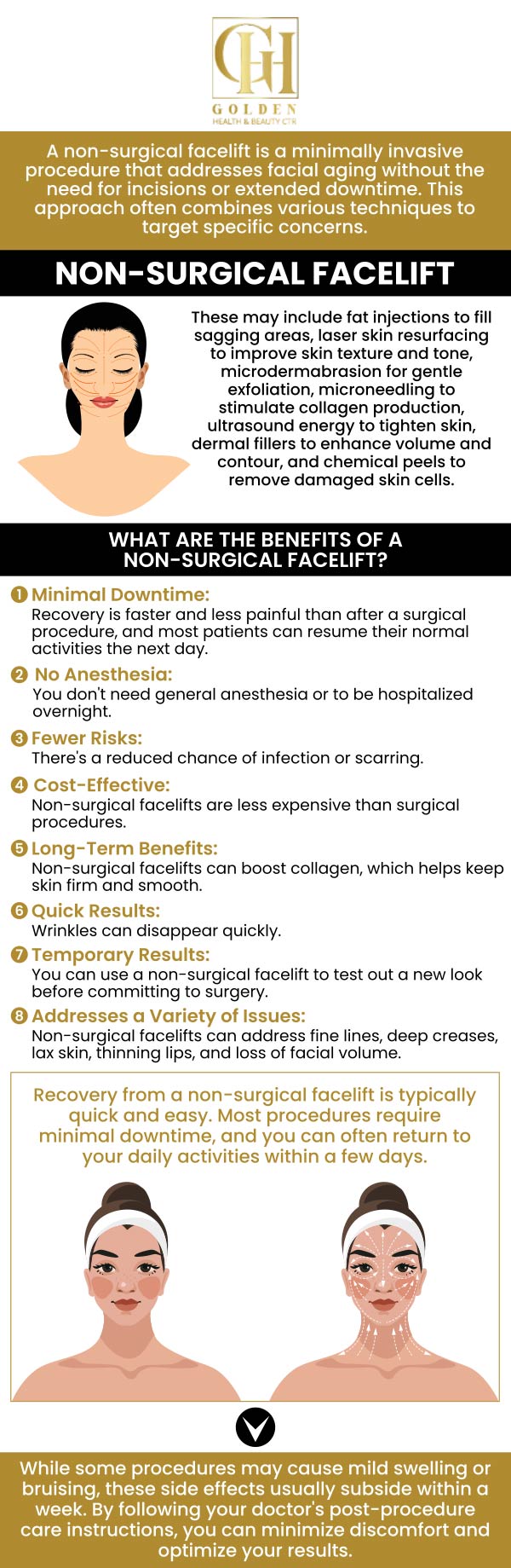 Do you experience scars, wrinkles, or sun damage? Dr. Pantea Nikaeen, DC at Golden Health and Beauty Center offers a non-surgical facelift procedure. A non-surgical facelift uses platelets from the patient's blood that were separated and re-injected with filler. This procedure is recommended for middle-aged people who have fine lines around their eyes, nose, lips, and mouths, as well as those who have lost facial volume. Non-surgical facelifts also help to improve skin tone, minimize fine wrinkles, and increase collagen synthesis. For more information, contact us or schedule an appointment online. We are conveniently located at 16661 Ventura Blvd #700, Encino, CA 91436.